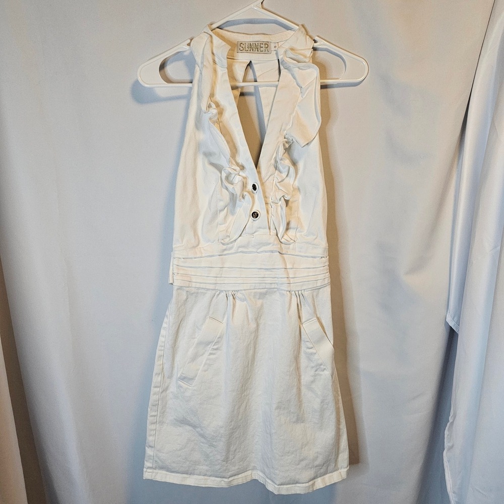 Sunner Anthro Ruffle Halter Mini Dress Womens 0 White Coquette Preppy Coastal